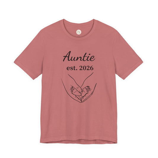 Auntie Est. 2026 Tee — New Aunt T-Shirt with Heart Hands Baby Design