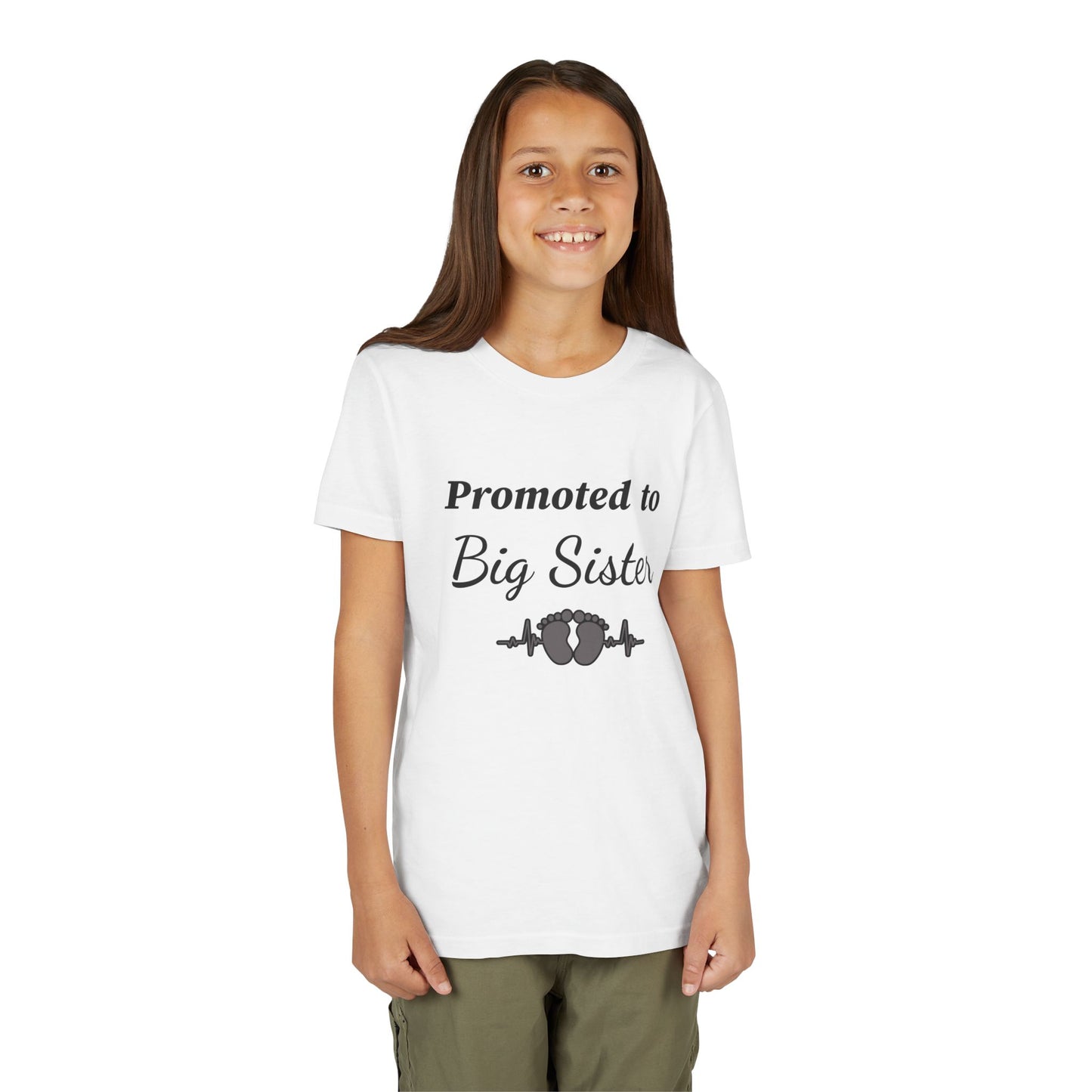 Promoted to Big Sister Youth Tee - Cute Announcement Shirt with Baby Footprint Design