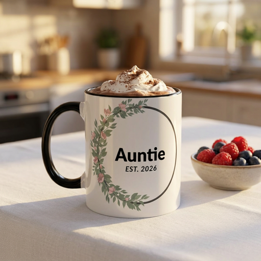 Auntie Est. 2026 Floral Accent Mug — Personalized Gift for New Aunts (11oz, 15oz)