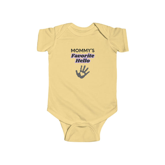 Mommy’s Favorite Hello  — Baby Onesie with Baby handprint