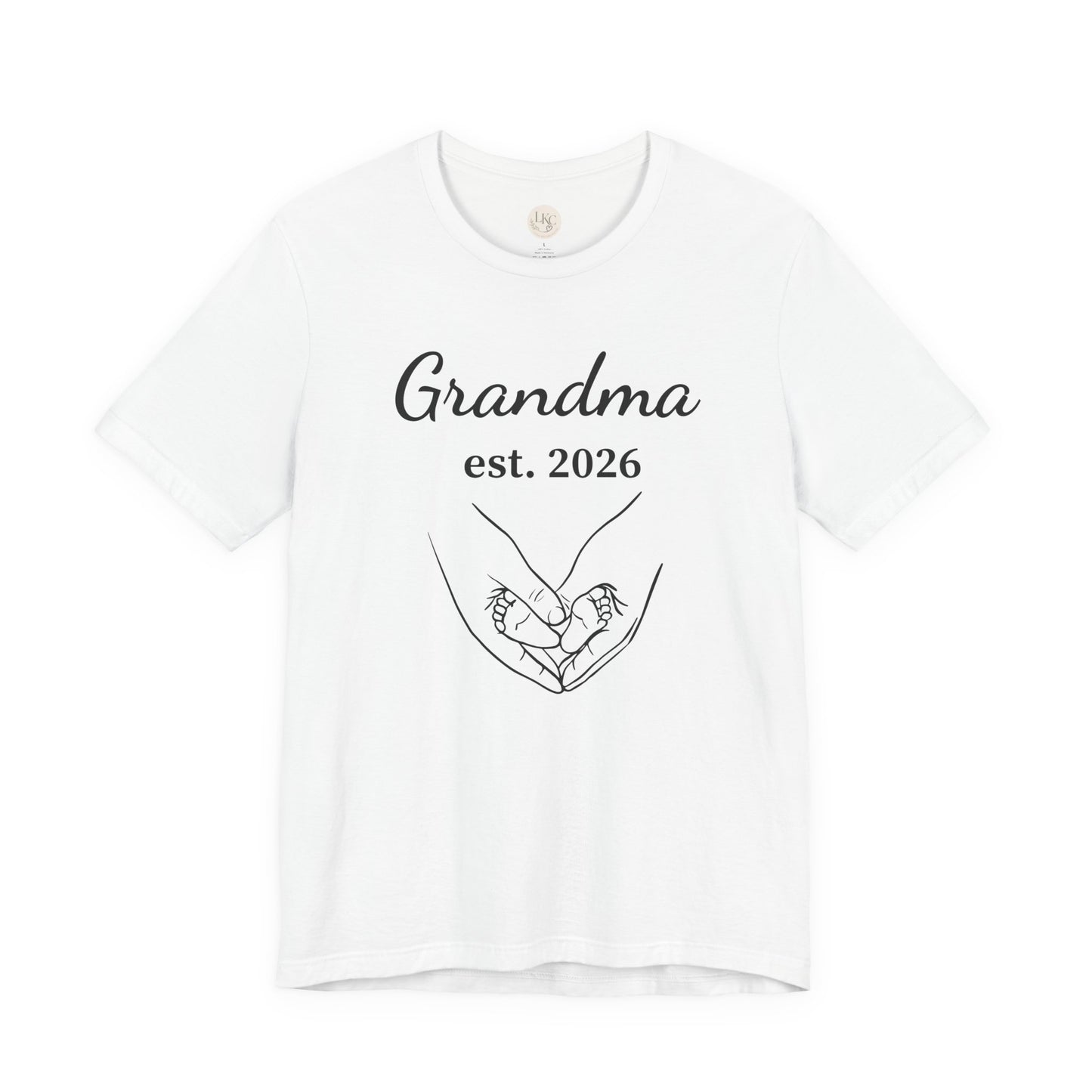Grandma Est. 2026 T-Shirt — New Grandma Announcement Tee with Handholding Baby Illustration