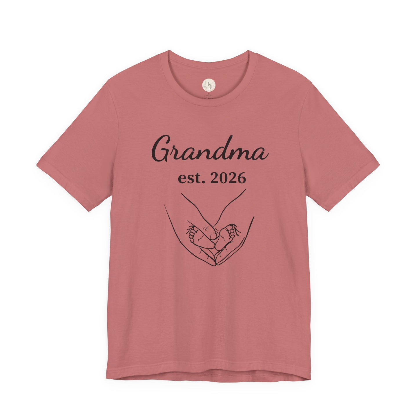 Grandma Est. 2026 T-Shirt — New Grandma Announcement Tee with Handholding Baby Illustration