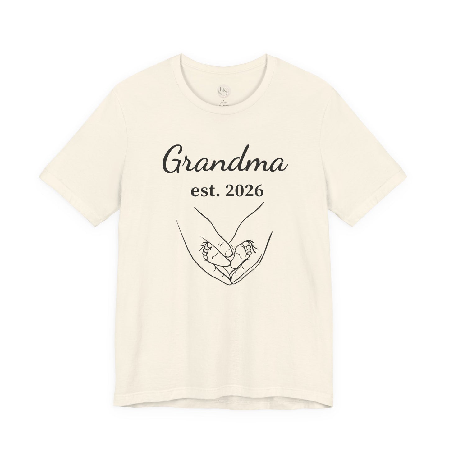 Grandma Est. 2026 T-Shirt — New Grandma Announcement Tee with Handholding Baby Illustration