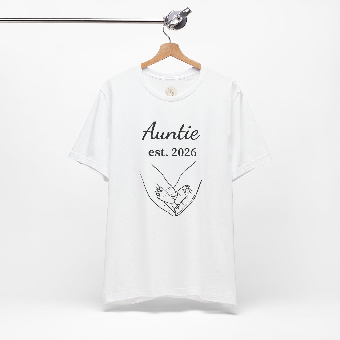 Auntie Est. 2026 Tee — New Aunt T-Shirt with Heart Hands Baby Design