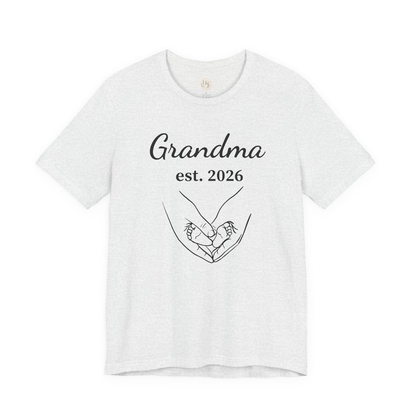 Grandma Est. 2026 T-Shirt — New Grandma Announcement Tee with Handholding Baby Illustration